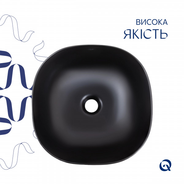 Комплект Qtap Kolibri: Раковина накладна квадратна 400х400х140 мм Matt Black + Донний клапан PU03