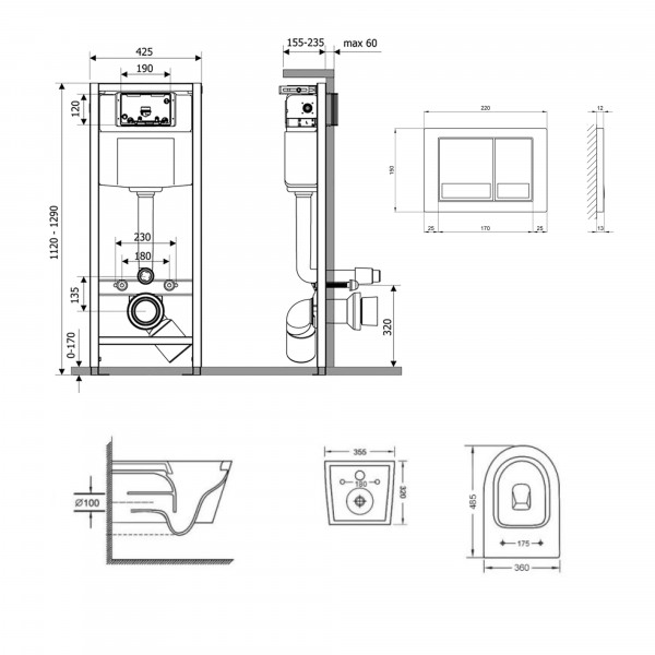 Готове рішення Qtap для ванної кімнати: підвісний унітаз Swan Ultra Quiet 485x360x320 + комплект інсталяції Nest 4 в 1 (квадратна клавіша Satin)