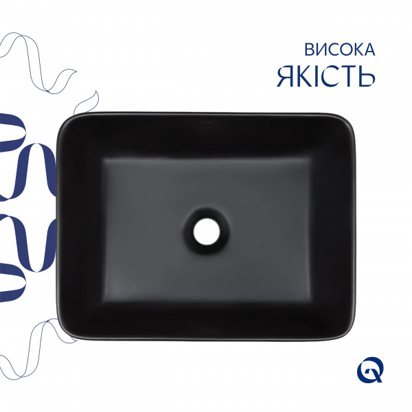 Комплект Qtap Tern: Раковина накладна прамокутна 480х370х135 мм Matt Black + Донний клапан PU03