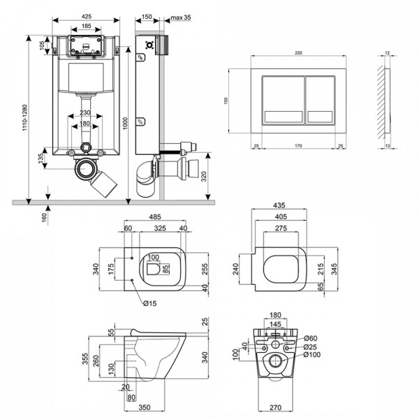 Готове рішення Qtap для ванної кімнати: підвісний унітаз Tern Rimless 490x340x350 + комплект інсталяції Nest 4 в 1 (квадратна клавіша Satin)