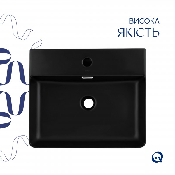 Комплект Qtap Nando LT: Раковина підвісна прамокутна 500х420х130 мм Matt Black + Донний клапан PU03O