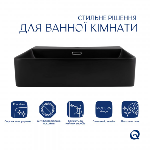 Комплект Qtap Nando LT: Раковина підвісна прамокутна 500х420х130 мм Matt Black + Донний клапан PU03O