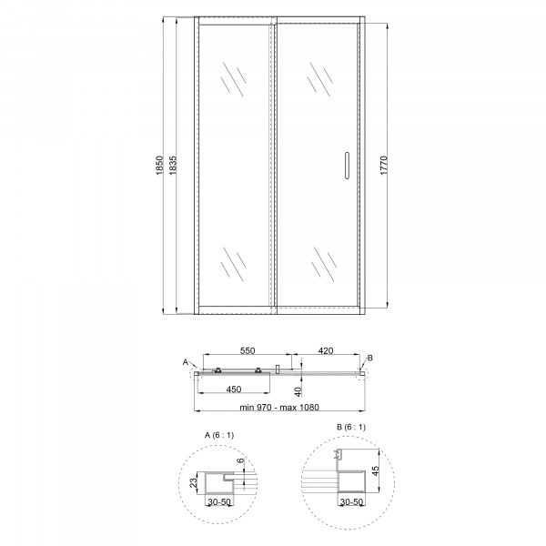 Душові двері в нішу Qtap Taurus CRM201-11.C6 97-108x185 см, скло Clear 6 мм, покриття CalcLess