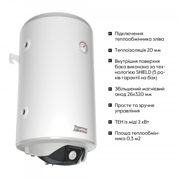 Водонагреватель электрический комбинированный Thermo Alliance вертикальный 80 л. т.о. 0,24 кв.м левый, мокрый ТЭН 2,0 кВт (CWH 8044 4S L)