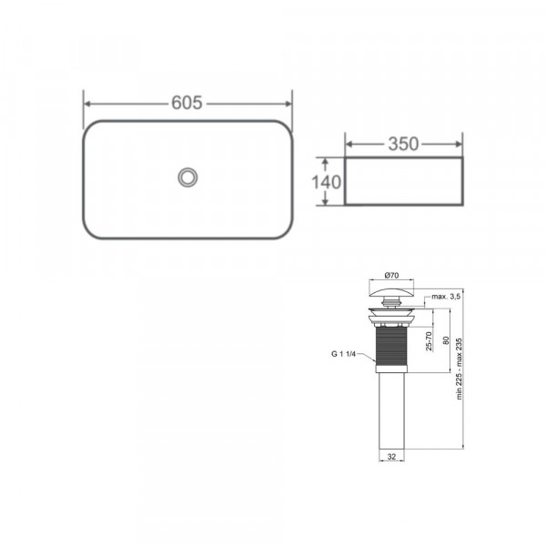 Комплект Qtap Tern: Раковина накладна прамокутна 610x350x135 мм WHITE + Донний клапан PU02