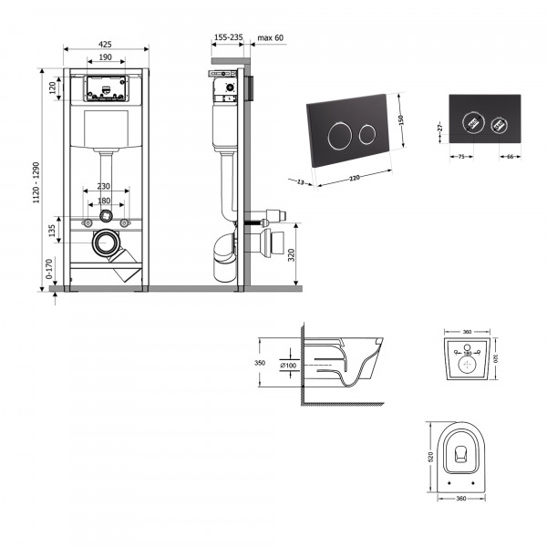 Готове рішення Qtap для ванної кімнати: підвісний унітаз Swan Ultra Quiet 520x360x320 + комплект інсталяції Nest 4 в 1 (кругла клавіша Black mat)