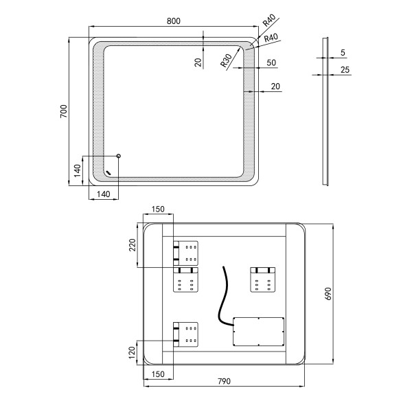 Зеркало Qtap Leo 800х700 с LED-подсветкой Touch, диммер, рег. яркости QT117814187080W