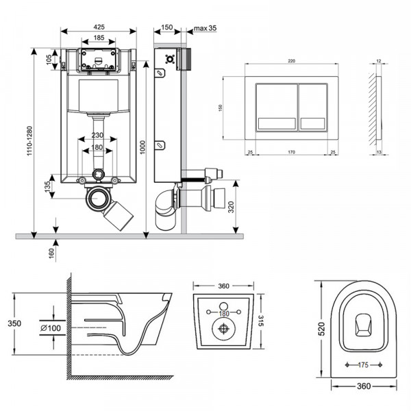 Готове рішення Qtap для ванної кімнати: підвісний унітаз Jay Rimless 520х360х320 + комплект інсталяції Nest 4 в 1 (квадратна клавіша Satin)