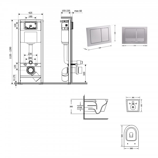 Готове рішення Qtap для ванної кімнати: підвісний унітаз Jay Ultra Quiet 520x360x320 + комплект інсталяції Nest 4 в 1 (квадратна клавіша Satin)