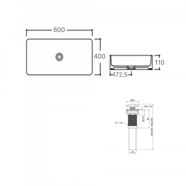 Комплект Qtap Tern: Раковина накладна прамокутна 600x400x110 мм WHITE + Донний клапан PU02