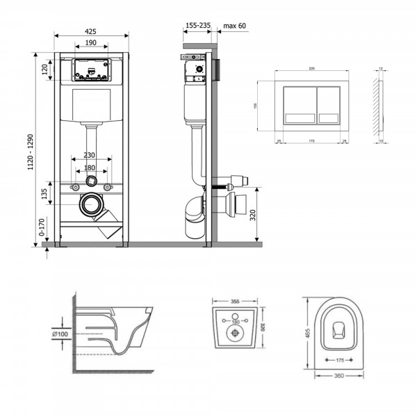 Готове рішення Qtap для ванної кімнати: підвісний унітаз Swan Ultra Quiet 485x360x320 + комплект інсталяції Nest 4 в 1 (квадратна клавіша Chrome)
