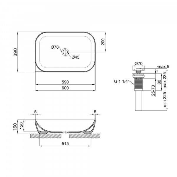 Комплект Qtap Robin: Раковина накладна прамокутна 600x390x150 мм Matt Black + Донний клапан PU03