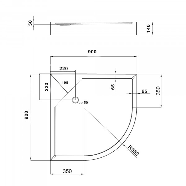 Душовий піддон Kapielka ST90x90x14 низький, напівкруглий, діаметр зливу 52 мм Lidz