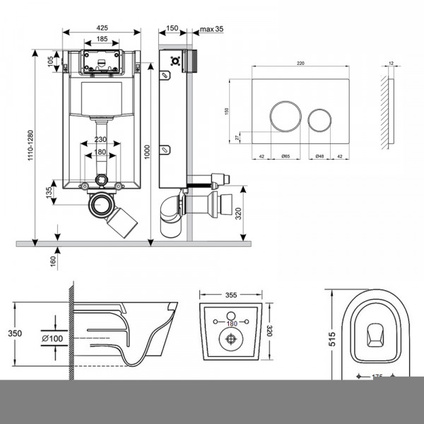 Готове рішення Qtap для ванної кімнати: підвісний унітаз Swan Rimless 520х360х320 + комплект інсталяції Nest 4 в 1 (кругла клавіша Satin)