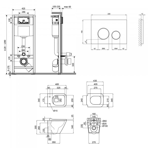 Готове рішення Qtap для ванної кімнати: підвісний унітаз Tern Rimless 490x340x350 + комплект інсталяції Nest 4 в 1 (кругла клавіша Satin)