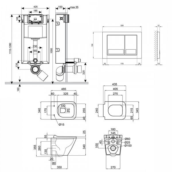 Готове рішення Qtap для ванної кімнати: підвісний унітаз Tern Rimless 490x340x350 + комплект інсталяції Nest 4 в 1 (квадратна клавіша Chrome)