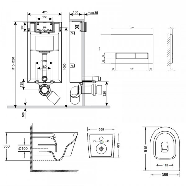 Готове рішення Qtap для ванної кімнати: підвісний унітаз Swan Rimless 520х360х320 + комплект інсталяції Nest 4 в 1 (лінійна клавіша Chrome)