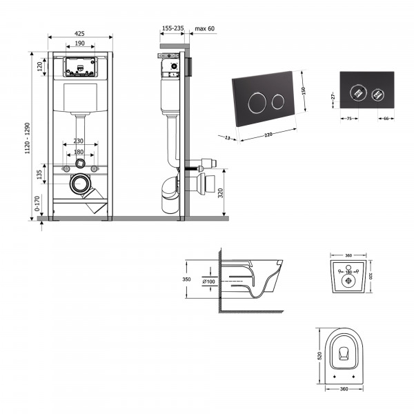 Готове рішення Qtap для ванної кімнати: підвісний унітаз Jay Ultra Quiet 520x360x320 + комплект інсталяції Nest 4 в 1 (кругла клавіша Black mat)