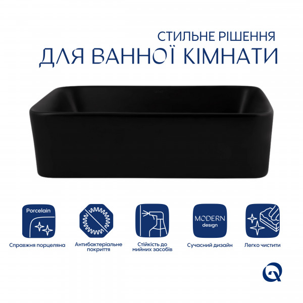 Комплект Qtap Tern: Раковина накладна прамокутна 480х370х135 мм Matt Black + Донний клапан PU03