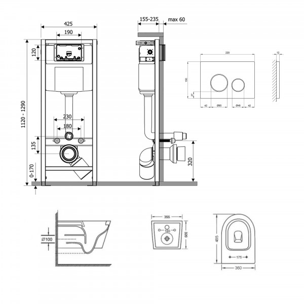 Готове рішення Qtap для ванної кімнати: підвісний унітаз Swan Ultra Quiet 485x360x320 + комплект інсталяції Nest 4 в 1 (кругла клавіша Black mat)
