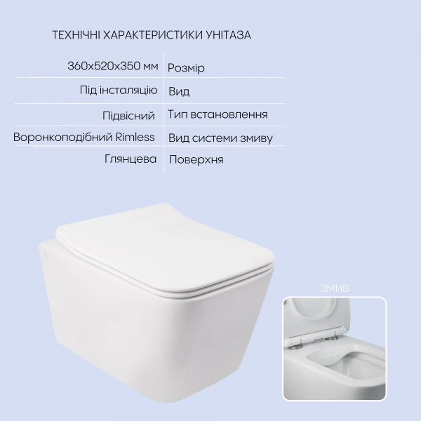 Готове рішення Qtap для ванної кімнати: підвісний унітаз Crow Rimless 520х360х290 + комплект інсталяції Nest 4 в 1 (кругла клавіша Black mat)