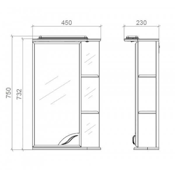 Шафа з дзеркалом з поличками і підсвіткою 45см Ліва