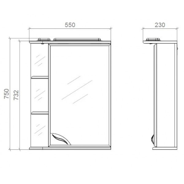 Шафа з дзеркалом з поличками і підсвіткою 55см Права