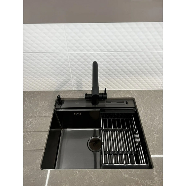 Кухонная мойка черная из нержавейки 1.5 мм многофункциональная накладная Nett NB-5747