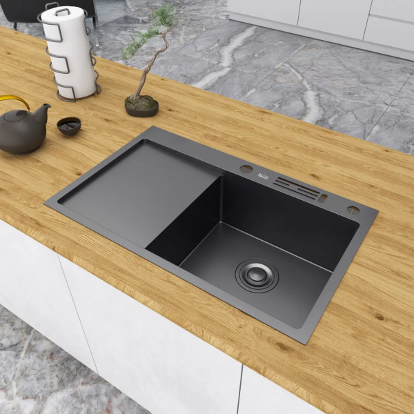 Черная мойка на кухню с левым крылом 1.5 мм нержавейка Nett NB-7848(L)