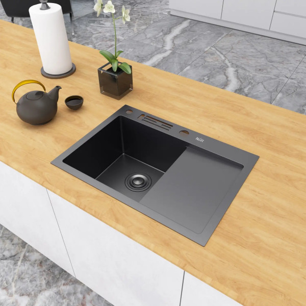 Черная кухонная мойка накладная с правым крылом 1.5 мм Nett NB-6045(R)
