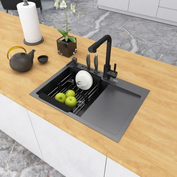 Черная кухонная мойка накладная с правым крылом 1.5 мм Nett NB-6045(R)