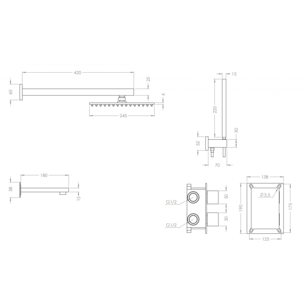 Золотая душевая система скрытого монтажа с термостатом Nett TSG-473