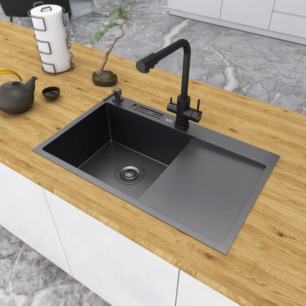 Черная кухонная мойка с правым крылом нержавейка 1.5 мм Nett NB-7848(R)