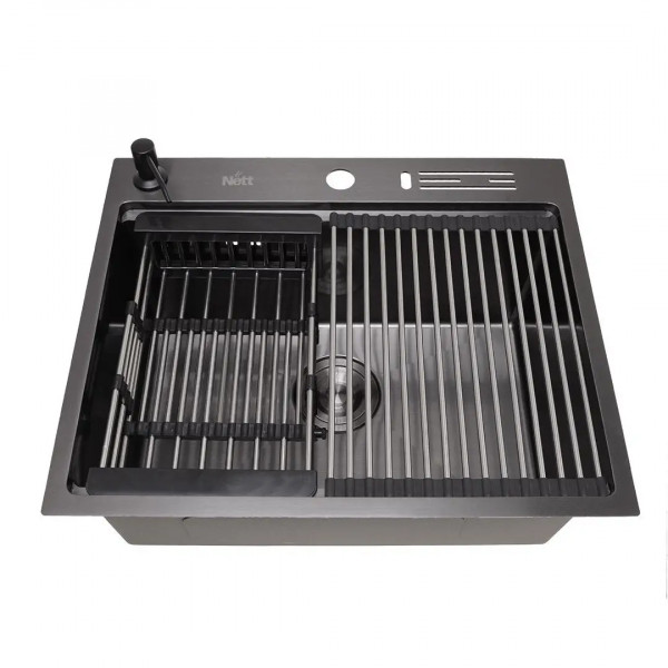 Кухонная мойка черная из нержавейки 1.5 мм многофункциональная накладная Nett NB-5747
