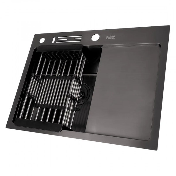 Черная кухонная мойка накладная с правым крылом 1.5 мм Nett NB-6045(R)