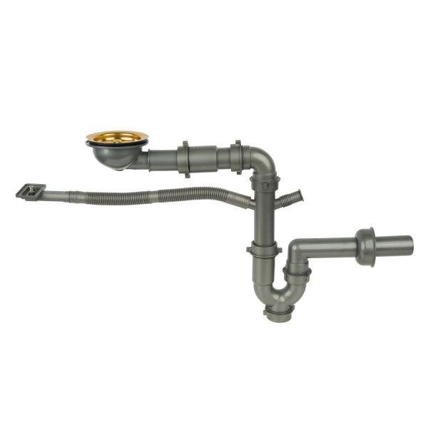 Золотой сифон для мойки на кухню из нержавейки с переливом и подключением к посудомойке DMG-110