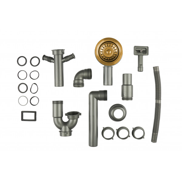 Золотой сифон для мойки на кухню из нержавейки с переливом и подключением к посудомойке DMG-110