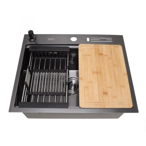 Кухонная мойка черная из нержавейки 1.5 мм многофункциональная накладная Nett NB-5747