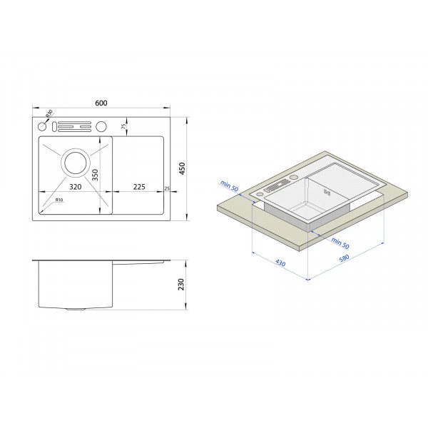 Черная кухонная мойка накладная с левым крылом 1.5 мм Nett NB-6045(L)