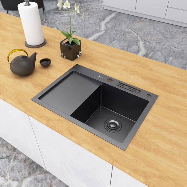 Черная кухонная мойка накладная с левым крылом 1.5 мм Nett NB-6045(L)