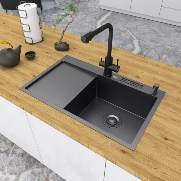 Черная мойка на кухню с левым крылом 1.5 мм нержавейка Nett NB-7848(L)