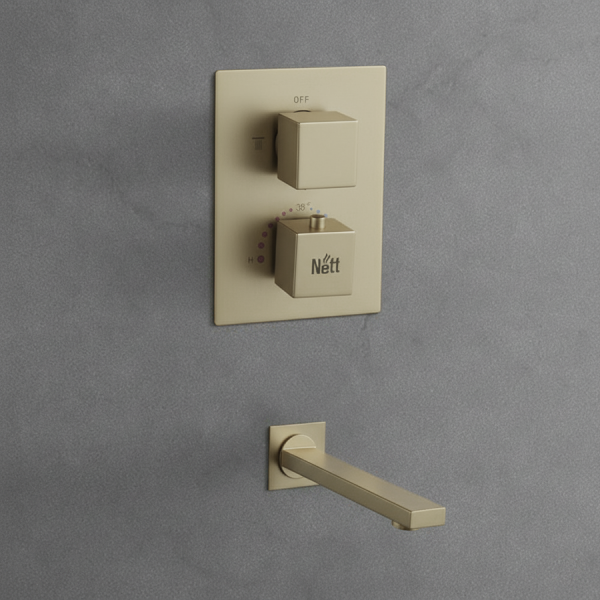 Золотая душевая система скрытого монтажа с термостатом и изливом Nett TSG-521