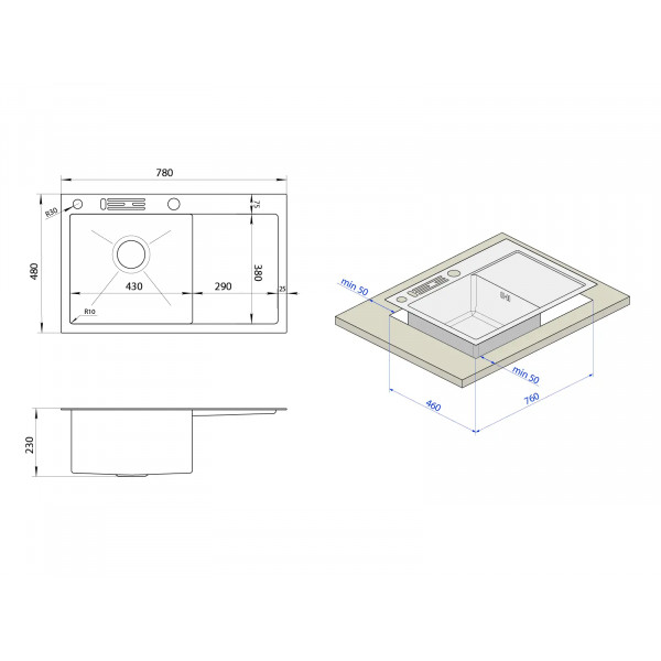 Черная мойка на кухню с левым крылом 1.5 мм нержавейка Nett NB-7848(L)