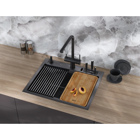 Кухонная мойка черная из нержавейки 1.5 мм многофункциональная накладная Nett NB-5747