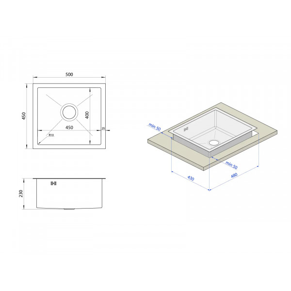 Черная кухонная мойка из нержавейки 50 см под столешницу 1.5 мм Nett NВ-5045