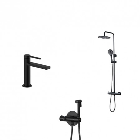 Комплект черной душевой системы с термостатом, смесителя на умывальник и гигиенического душа Nett SSB-24 + VB-22 + Gappo G7290-6