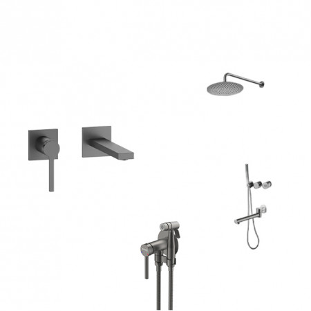 Комплект графитовой душевой системы скрытого монтажа, смесителя для умывальника и гигиенического душа Nett QGr-22 + TSGr-99 + Gappo G7206-9