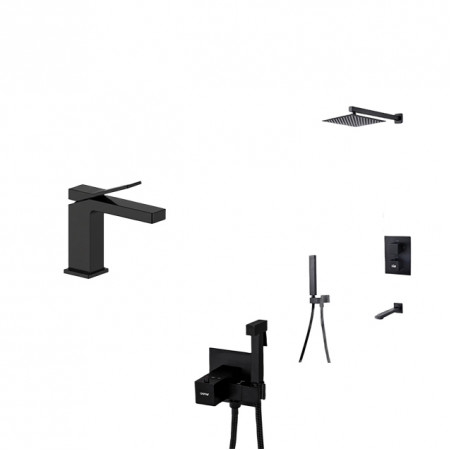 Комплект черного смесителя на раковину, душевой системы и гигиенического душа Nett UB-51 + TSB-521 + Gappo G7207-60