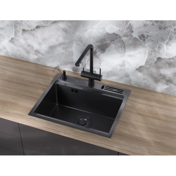 Кухонная мойка черная из нержавейки 1.5 мм многофункциональная накладная Nett NB-5747