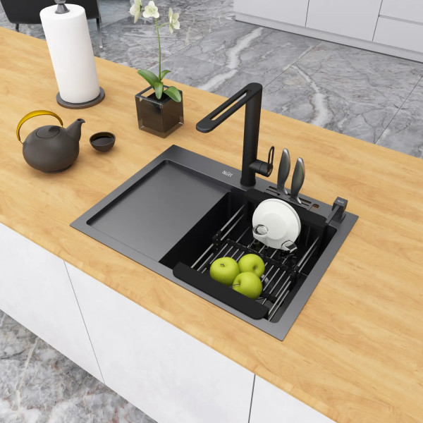 Черная кухонная мойка накладная с левым крылом 1.5 мм Nett NB-6045(L)